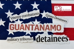 [ai] A collage of text labels including "Guantanamo," "Gitmo Detainees," and "enemy combatants" arranged on a background featuring the American flag, highlighting topics related to military tribunals and detainees.